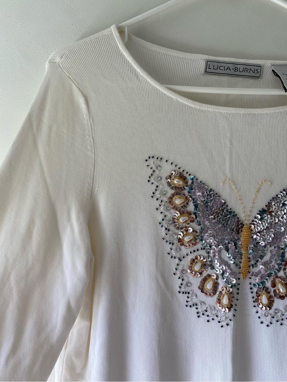 Lucia Burns Cream Long-Sleeve Butterfly Embellished Tee